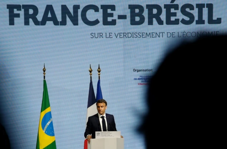 Emmanuel Macron lors du Forum économique France-Brésil à la Fédération des industries de l'État de Sao Paulo (FIESP) à Sao Paulo au Brésil, le 27 mars 2024