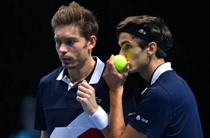 Les Français Nicolas Mahut et Pierre-Hugues Herbert en finale du double du Masters contre les Américains Jack Sock et Mike Bryan, le 18 novembre 2018 à Londres 