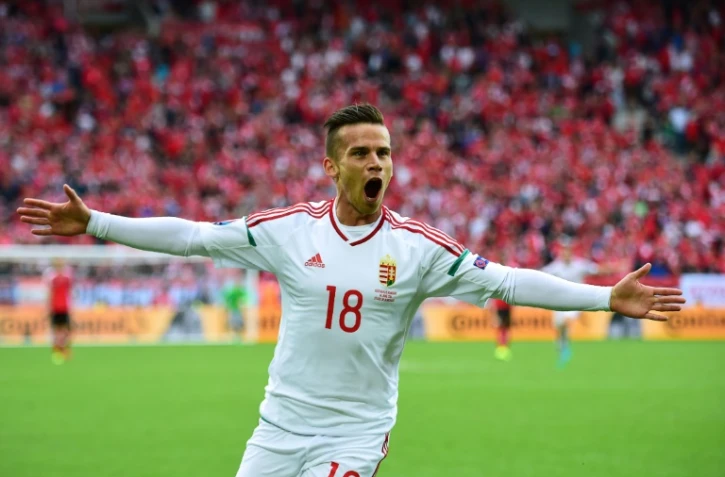 La joie du Hongrois Zoltan Stieber, auteur du 2e but face à l'Autriche lors de l'Euro, le 14 juin 2016 à Bordeaux
