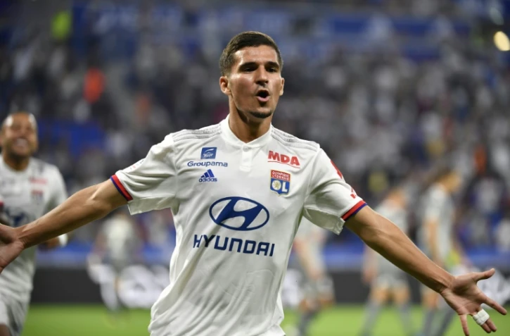 Le milieu lyonnais Houssem Aouar célèbre son but contre Angers, à l'occasion de la deuxième journée de Ligue 1 le 16 août 2019.