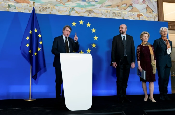 Les nouveaux leaders de l'Union européenne, de gauche à droite le président du Parlement européen David Sassoli, le président du Conseil européen Charles Michel, la présidente élue de la Commission européenne Ursula von der Leyen, et la présidente de la Banque centrale européenne Christine Lagarde, lors d'une conférence de presse le 1er décembre 2019 à Bruxelles
