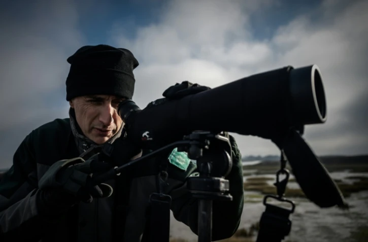 Un bénévole compte les oiseaux d'eau dans la réserve naturelle de Lilleau des Niges, en Charente-Maritime, le 14 janvier 2022, dans le cadre d'un programme mondial de recherche sur ces populations animales