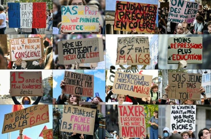 Combinaison de photographies créée le 14 octobre 2026 de pancartes brandies lors des manifestations lycéennes du 6 au 13 octobre 2026 dans plusieurs villes de France