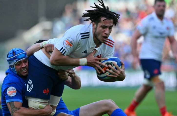 Le 2e ligne Mickael Guillard ouvre le compteur d'essais du XV de France contre l'Italie le 23 février 2025 à Rome