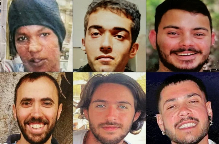 Cette combinaison d'images créée le 20 février 2025 montre des otages israéliens détenus dans la bande de Gaza, dont la libération a été annoncée par le mouvement palestinien Hamas pour le 22 février 2025: (dans le sens des aiguilles d'une montre) Avraham Mengistu, Hicham al-Sayed, Omer Wenkert, Eliya Cohen, Omer Shem Tov et Tal Shoham.