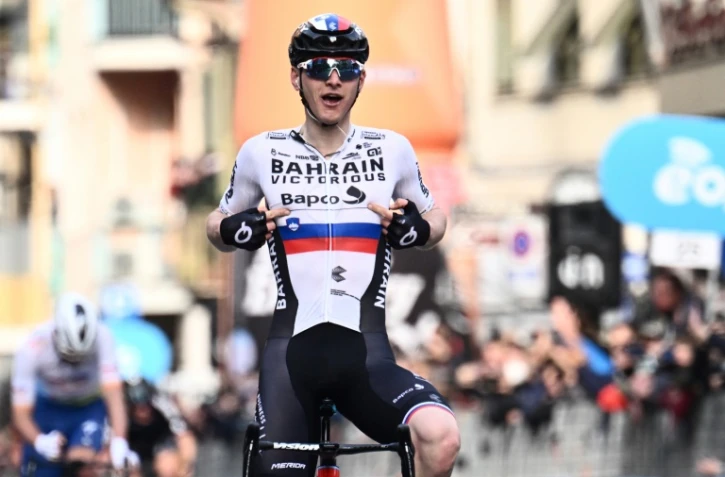 Le Slovène Matej Mohoric (Bahrain) remporte la classique Milan-San Remo, le 19 mars 2022 à San Remo