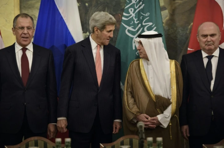 Les ministre russe Sergeï Lavrov, américain John Kerry, saoudien Adel al-Jubeir et turc Feridun Sinirlioglu le 29 octobre 2015 à Vienne