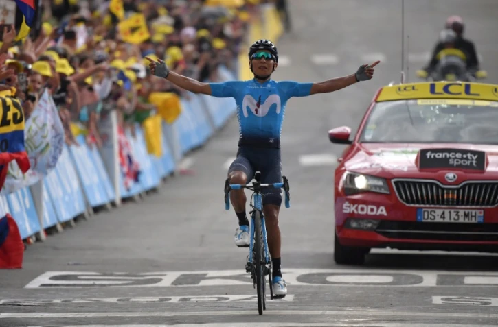 Le Colombien Nairo Quintana (Movistar), vainqueur de la 18e étape du Tour de France, le 25 juillet 2019 à Valloire 