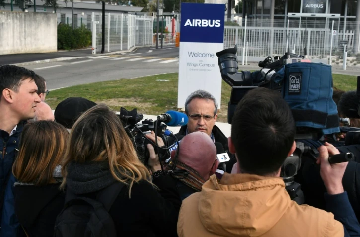 Le secrétaire FO d'Airbus, Jean-Marc Escourrou, lors d'un point presse à  l'issue du Conseil d'entreprise européen d'Airbus, le 7 mars 2018 à Blagnac