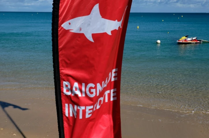 Un drapeau "baignade interdite" en raison de la présence de requins, sur la plage de la Baie-des-Citrons, à Nouméa, en Nouvelle-Calédonie, le 29 avril 2021