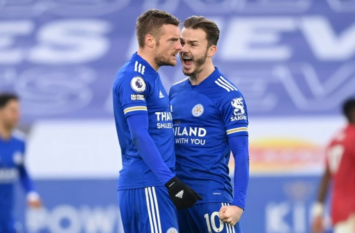 Les joueurs de Leicester Jamie Vardy (g) et James Maddison lors du match contre Manchester United, le 26 décembre 2020 à Leicester