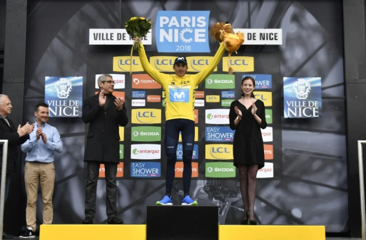 Le vainqueur du Paris-Nice 2018, l'Espagnol Marc Soler célèbre sa victoire à Nice, le 11 mars 2018
