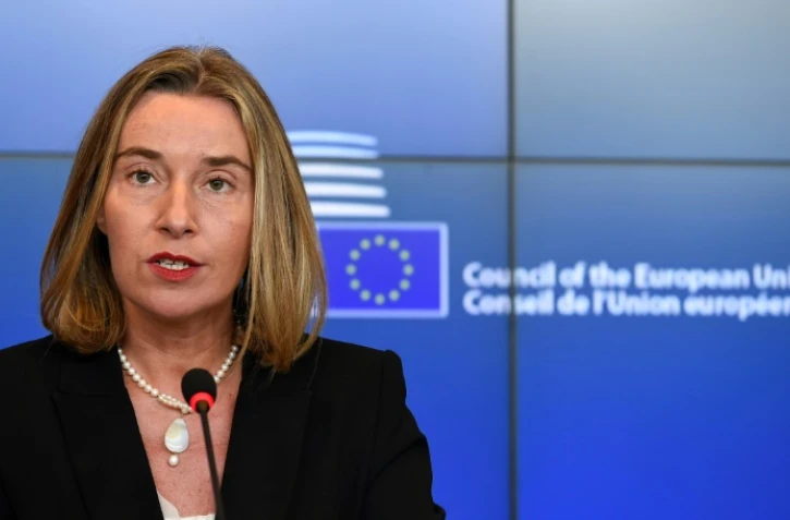La cheffe de la diplomatie européenne Federica Mogherini, lors d'une conférence de presse à Bruxelles, au Luxembourg, le 16 octobre 2017