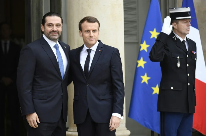 Le Premier ministre libanais démissionnaire Saad Hariri accueilli à l'Elysée par le président Emmanuel Macron, le 18 novembre 2017