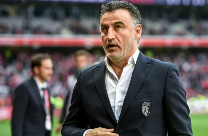 L'entraîneur de Lille Christophe Galtier lors d'un match contre Metz en Ligue 1, le 28 avril 2018 au stade Pierre-Mauroy