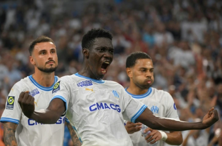Ismaël Sarr (c), auteur du deuxième but de l'OM face à Brest, le 26 août 2023 au Vélodrome
