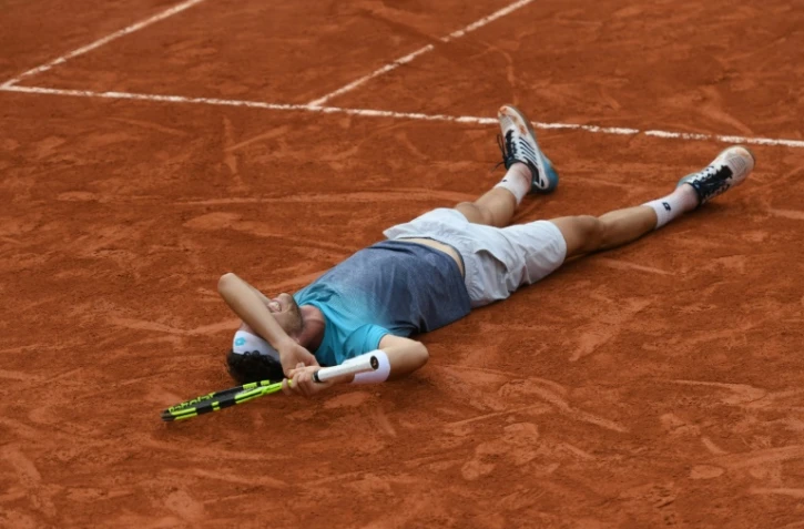 L'Italien Marco Cecchinato après sa victoire sur le Serbe Novak Djokovic, le 5 juin 2018 à Roland-Garros