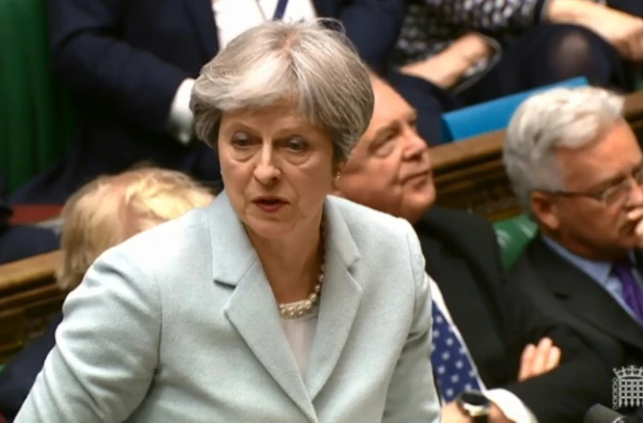 La Première ministre britannique Theresa May devant les députés britanniques le 26 mars 2018, sur une capture d'écran fournie par le Parlement britannique