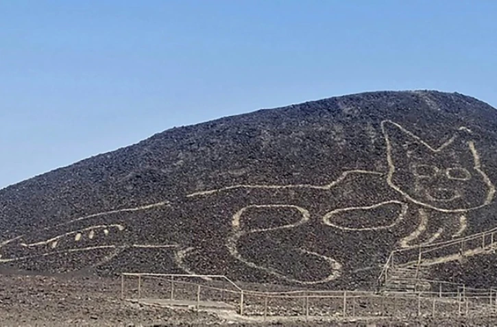 Un nouveau géoglyphe, vieux de plus de 2.000 ans et représentant un félin, photographié le 15 octobre 2020 à Nazca