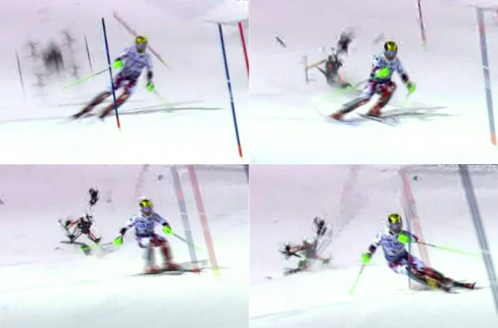 Photos montage avec le crash du drone (g) derrière l'Autrichien Marcel Hirscher lors de la 2e manche du slalom de Madonna (Italie), le 23 décembre 2015