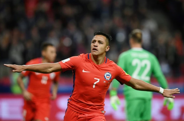 L'attaquant Alexis Sanchez en liesse après avoir ouvert le score pour le Chili face à l'Allemagne en Coupe des Confédérations, le 22 juin 2017 à Kazan 
