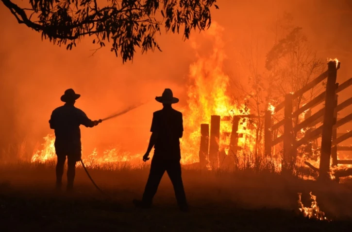 Des habitants tentent d'éteindre un feu de broussailles près de Taree, à 350 km au nord de Sydney, le 12 novembre 2019
