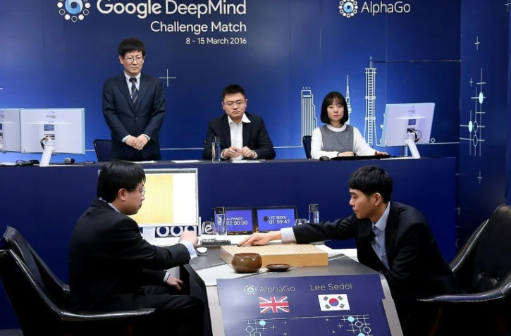 Lee Se-Dol (d) meilleur joueur mondial du jeu de go affronte l'ordinateur AlphaGo à Séoul, le 8 mars 2016