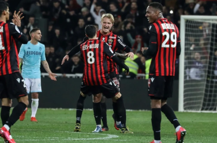 L'attaquant danois de Nice, Kasper Dolberg (c), auteur d'un doublé lors de la réception de Monaco, en Ligue 1, le 7 mars 2020 