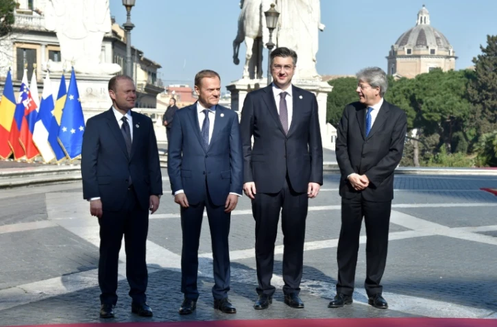 (G à D) Le Premier ministre maltais Joseph Muscat, le président du Conseil de l'Europe Donald Tusk, le Premier ministre croate Andrej Plenkovic et le Premier ministre italien Paolo Gentiloni à Rome le 25 mars 2017