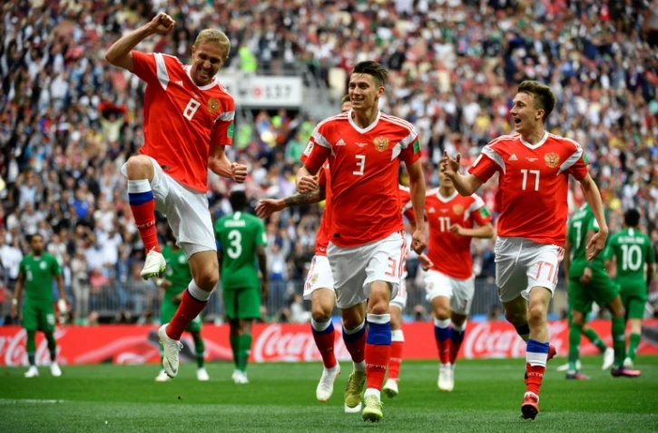Le Russe Yuri Gazinskiy vient d'ouvrir le score contre l'Arabie Saoudite en match d'ouverture de la Coupe du monde, le 14 juin 2018 à Moscou   
