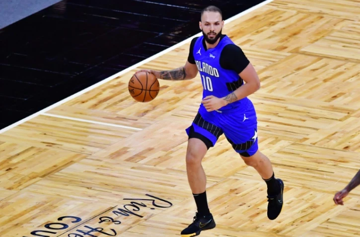 Evan Fournier sous le maillot du Magic d'Orlando, lors de la réception des Brooklyn Nets, le 19 mars 2021 en Floride