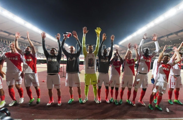 La joie des joueurs monégasques, dèjà virtuellement champions de France, le 14 mai après la victoire 4-0 sur Lille à Monaco