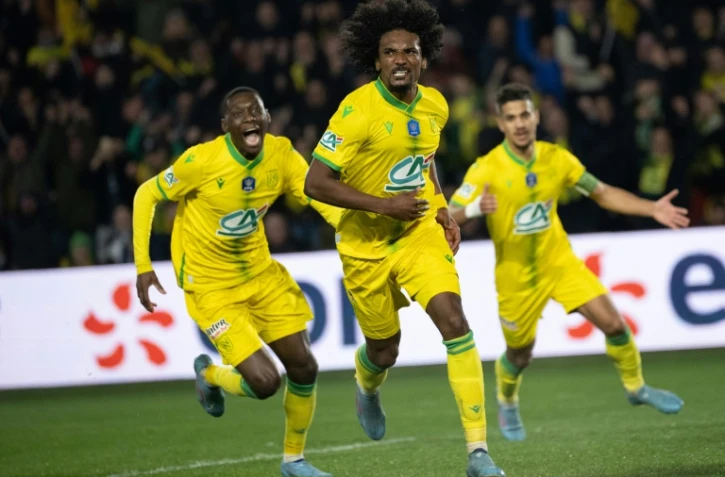 La joie des Nantais après le but marqué par le milieu franco-congolais Samul Moutoussamy face à Monaco, en demi-finale de la Coupe de France, le 2 mars 2022 au Stade de La Beaujoire