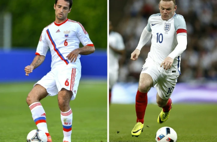 Photomontage réalisé le 9 juin 2016 montrant le Russe Roman Shirokov et le capitaine de l'Angleterre Wayne Rooney
