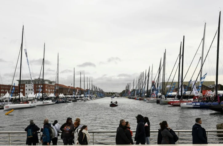 Des monocoques concurrents de la Transat Jacques-Vabre, le 28 octobre 2023 au Havre
