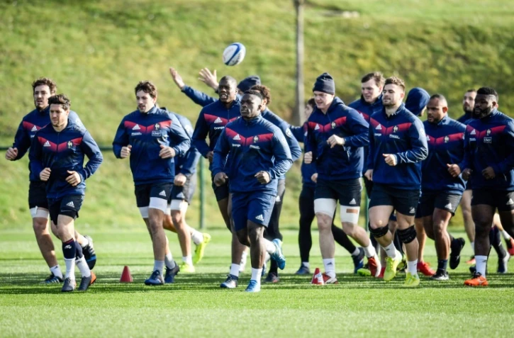 Le XV de France à l'entraînement au centre national du rugby de Marcoussis, le 2 février 2018, à la veille d'affronter l'Irlande