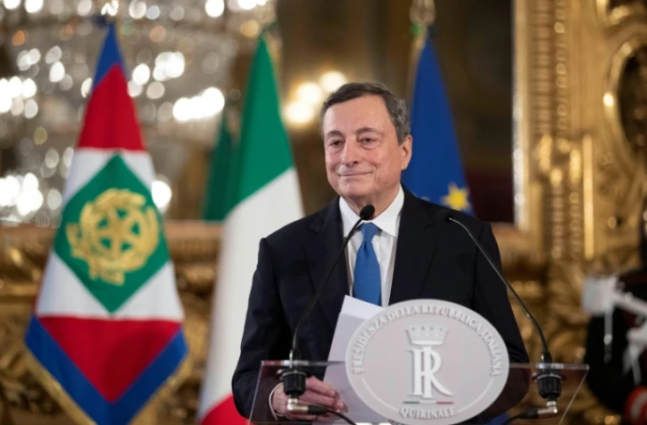 Mario Draghi lors d'une conférence de presse après avoir rencontré le président italien Sergio Mattarella, le 3 février 2021 au palais de la Quirinale, à Rome
