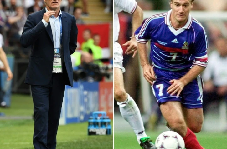Didier Deschamps, le sélectionneur, après le match contre le Danemark, à Moscou, le 26 juin 2018, et, le capitaine et milieu de l'équipe de France, lors de la demi-finale face à la Croatie, le 8 juillet 1998