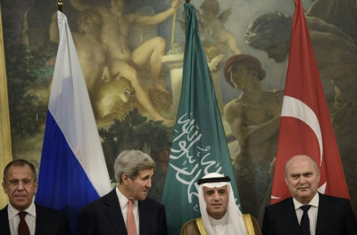 Les ministres de Affaires étrangères russe, américain, saoudien et turc, à Vienne, le 29 octobre 2015 