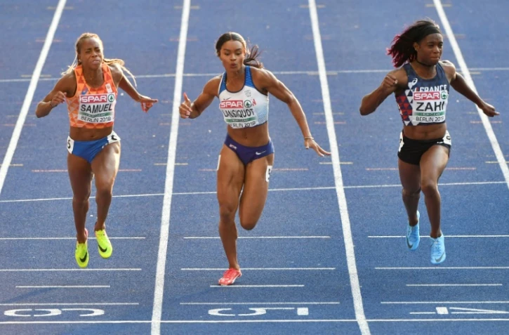 La Française Carolle Zahi (d) lors des demi-finales du 100 aux Championnats d'Europe à Berlin, le 7 août 2018