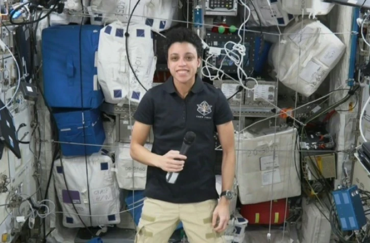 L'astronaute de la Nasa Jessica Watkins lors d'une interview exclusive à l'AFP depuis la Station spatiale internationale, le 1er août 2022