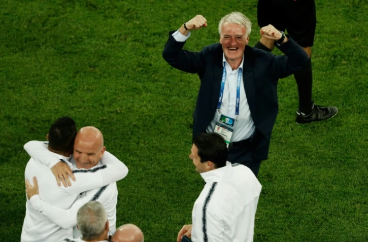 Le sélectionneur Didier Deschamps fou de joie lors de la qualification de la France en finale du Mondial le 10 juillet 2018