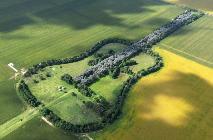 Vue aérienne de l'Estancia La Guitarra (la Ferme de la guitare), entourée de champs de maïs, près de General Levalle, dans le sud de la province de Cordoba, en Argentine, le 30 mars 2026