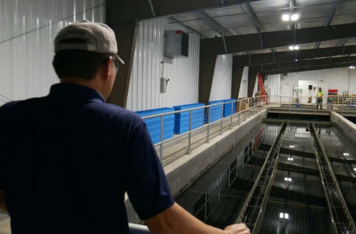 Lance Lin, directeur de la Rare Earth Elements Initiative de l'Université de Virginie-Occidentale, devant les bassins d'une installation de traitement de drainage minier acide, le 12 août 2026 à Mount Storm, en Virginie-Occidentale (Etats-Unis)