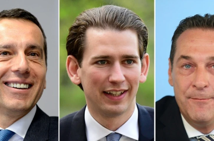 Le chancelier autrichien, social-démocrate, Christian Kern, les présidents du Parti populaire (OeVP) Sebastian Kurz et du Parti de la Liberté (FPOe) Heinz-Christian Strache, sur un montage réalisé le 13 octobre 2017