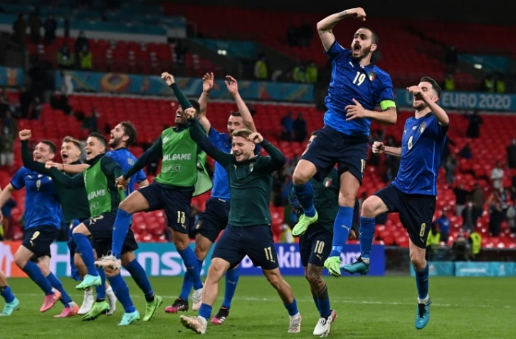 La joie des Italiens après leur victoire en prolongation du 8e de finale de l'Euro contre l'Autriche, à Londres, le 26 juin 2021