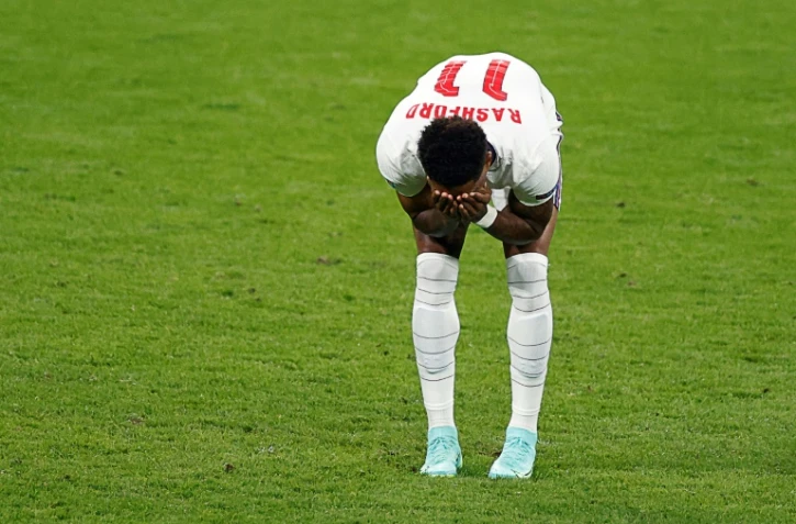 L'attaquant anglais Marcus Rashford après son tir au but raté contre l'Italie en finale de l'Euro le 11 juillet 2021 à Wembley