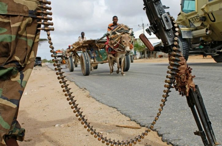 Des soldats au garde-à -vous pendant une visite du président somalien à Afgooye, près de Mogadiscio, le 30 juillet 2012