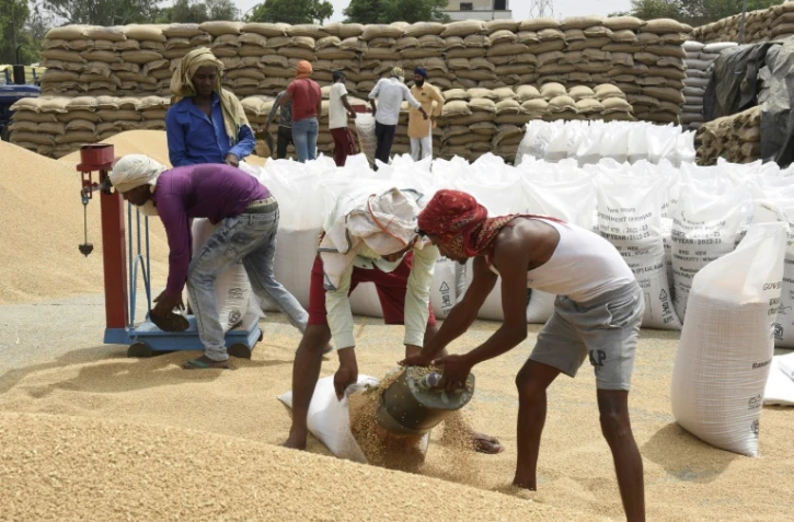 Remplissant des sacs de blé à Jandiala, dans la banlieue d'Amritsar, en Inde, le 17 avril 2022