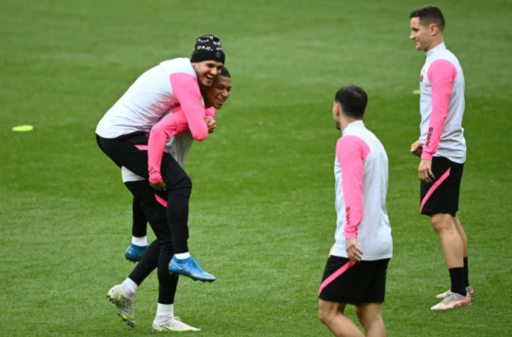 Les Parisiens lors de l'entraînement de veille de match au Stade de France, le 18 mai 2021, en vue de la finale de la Coupe de France contre Monaco 